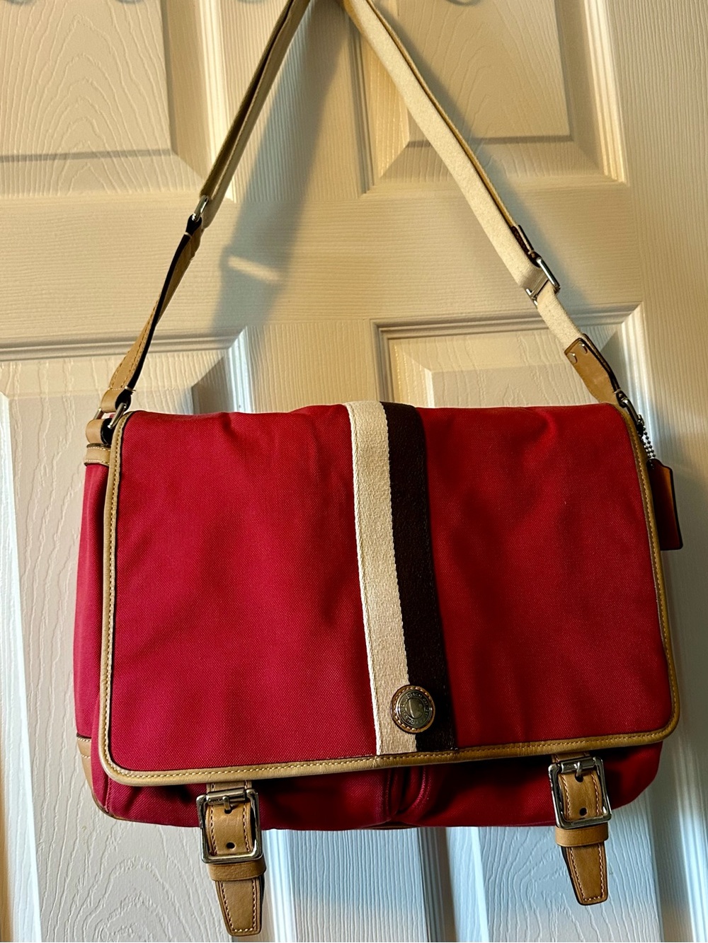 Coach Red Canvas Messenger Bag with Cream & Brown Stripe